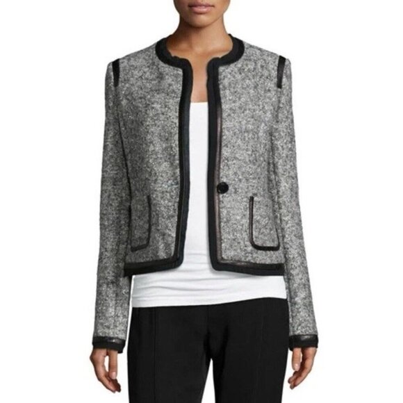 Vince Women’s Sz 4  Grey Tweed Boucle Button Jacket with Black Leather Trim - Picture 1 of 11